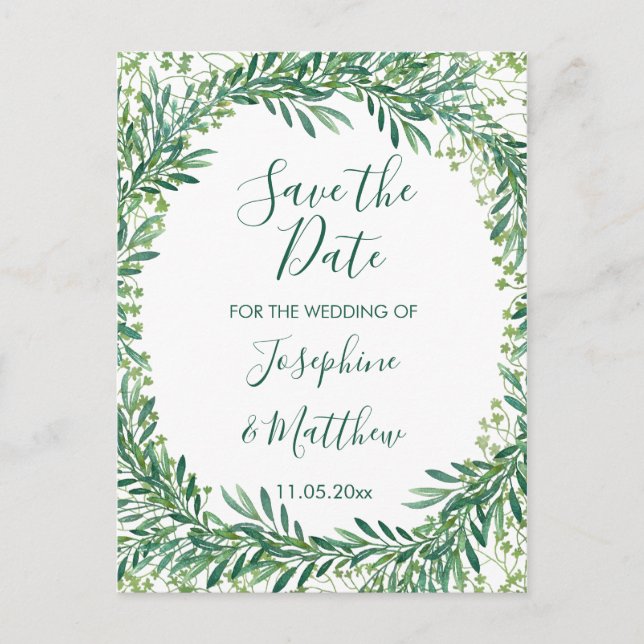 Greenery Leaves Watercolor Save the Date Announcement Postcard (Front)
