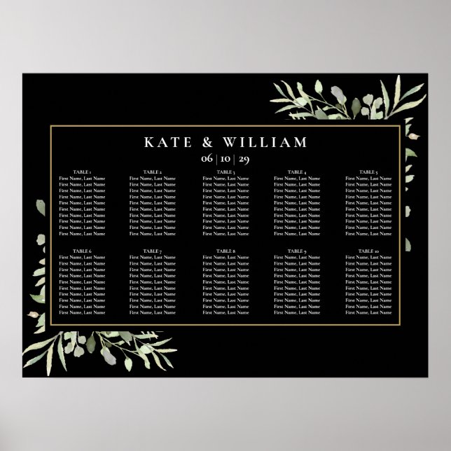 Greenery Leaves Watercolor Wedding Seating Chart (Front)