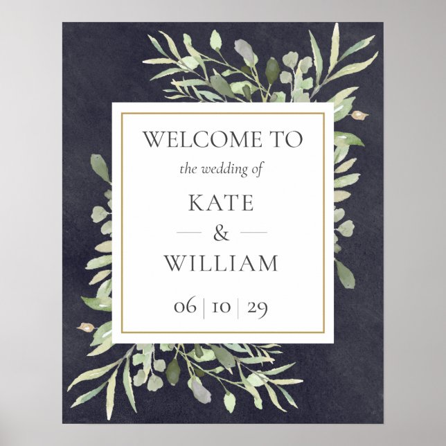 Greenery Leaves Wedding Chalkboard Welcome Sign (Front)