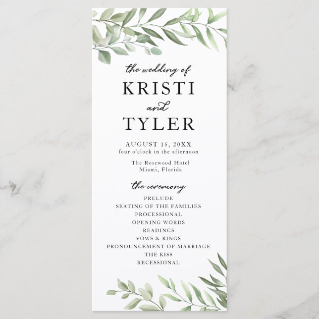 Greenery Leaves Wedding Program Programme (Front)