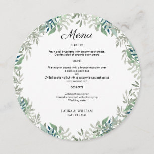 Greenery Leaves Wedding Round Menu For Plate