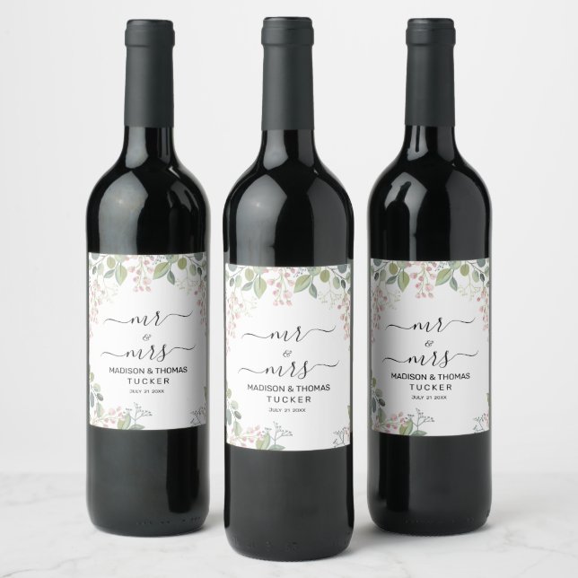 Greenery Leaves Wedding Wine Label (Bottles)