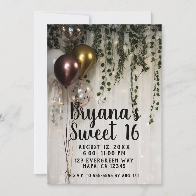 Greenery Leaves White Lights Rustic Sweet 16 Invitation (Front)