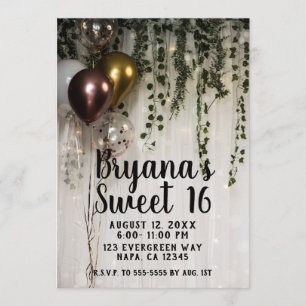 Greenery Leaves White Lights Rustic Sweet 16 Invitation