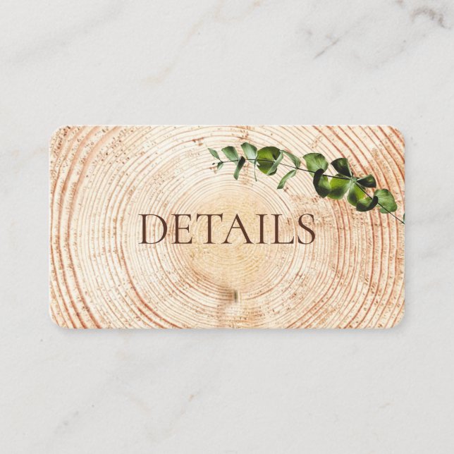 Greenery leaves Wood Cut slice Wedding Details  Enclosure Card (Front)