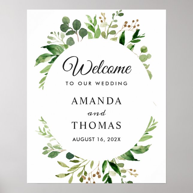 Greenery Leaves Wreath Wedding Welcome Sign (Front)