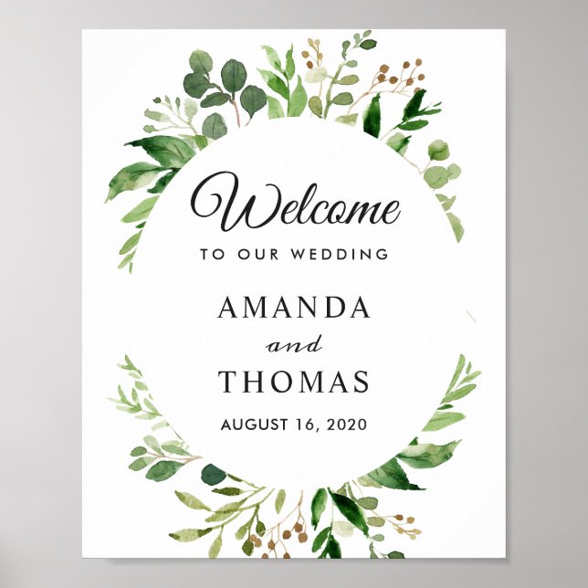 Greenery Leaves Wreath Wedding Welcome Sign (Front)