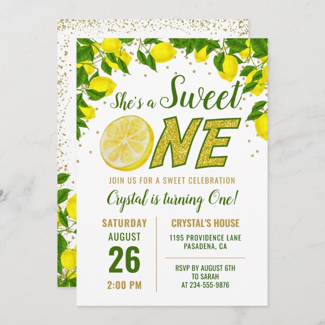 Greenery Lemon Sweet One First Birthday Invitation (Front/Back)