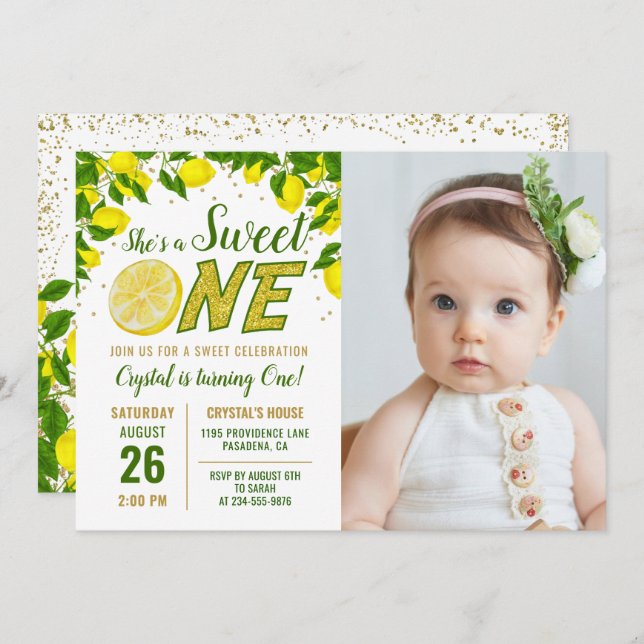 Greenery Lemon Sweet One First Birthday Photo Invi Invitation (Front/Back)
