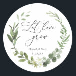 Greenery Let Love Grow Favour Classic Round Sticke Classic Round Sticker<br><div class="desc">Send your shower guests home with a plant or succulent favour and attach these adorable labels to them! "Let love grow" in elegant script with event name and date framed by a watercolor wreath of green eucalyptus foliage. Coordinates with the Eucalyptus collection found in the Adore Paper Co. Zazzle Shop....</div>