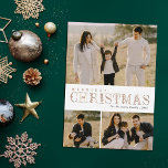 Greenery Letters 3 Photo Collage Christmas Foil Holiday Card<br><div class="desc">This beautiful holiday three photo collage card features lettering designed with greenery / foliage accents (flowers and leaves), which reads, "Merriest Christmas" in real foil over a white background. Foil is available in gold, rose gold, or silver. The background color can be customized, if desired. The back of the card...</div>