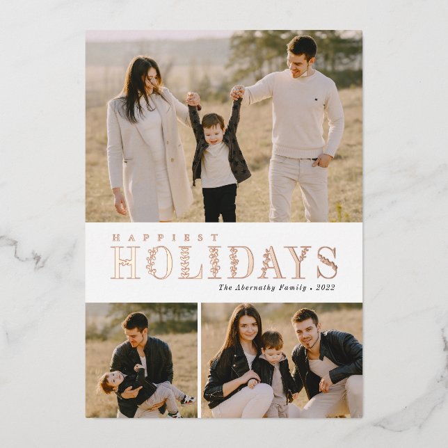 Greenery Letters 3 Photo Collage  Foil Holiday Card (Front)