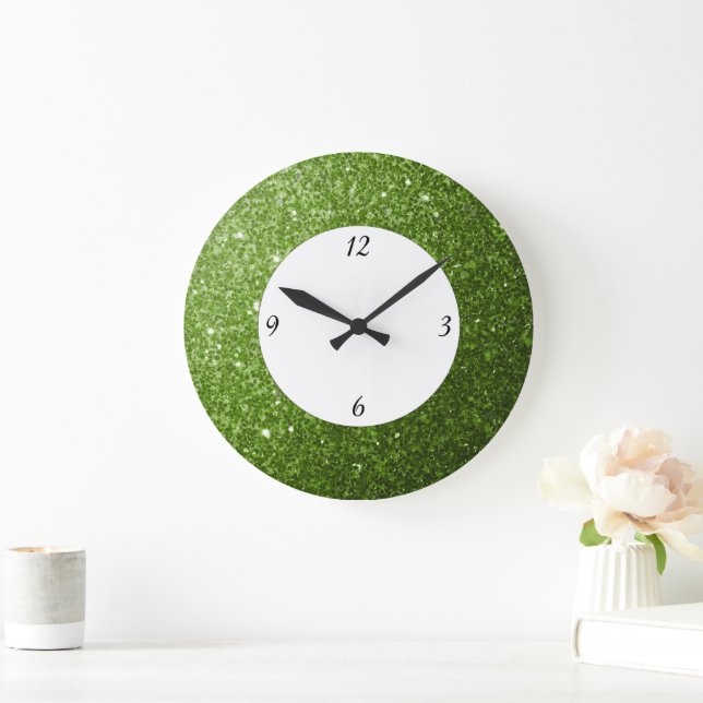 Greenery Light Green glitter sparkles with numbers Large Clock (Home)
