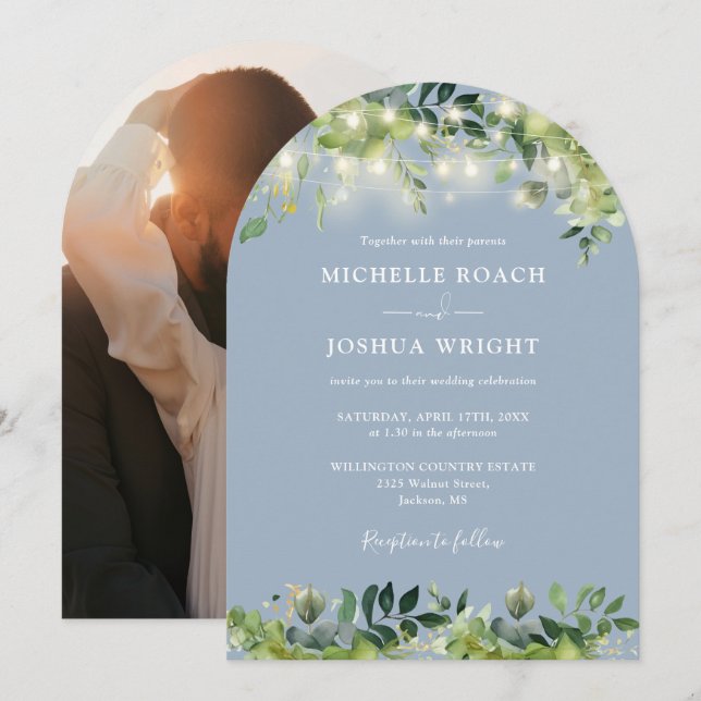 Greenery Lights Arch Dusty Blue Photo Wedding Invitation (Front/Back)