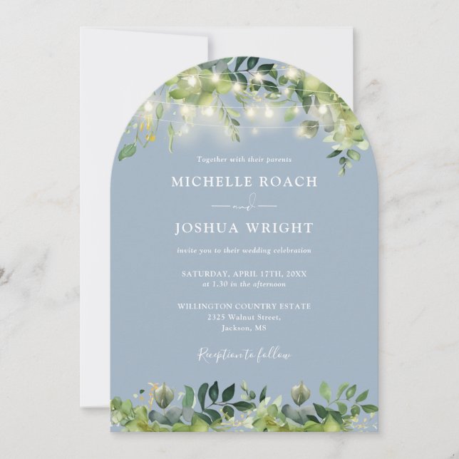 Greenery Lights Arch Dusty Blue QR Code Wedding Invitation (Front)