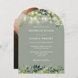 Greenery Lights Arch Sage Green Photo Wedding Invitation
