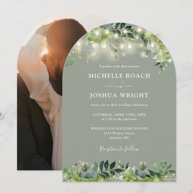 Greenery Lights Arch Sage Green Photo Wedding Invitation (Front/Back)