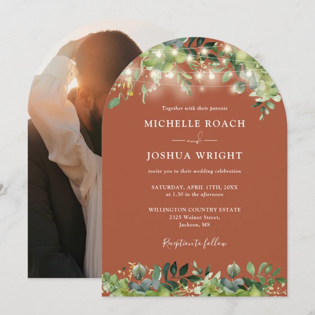 Greenery Lights Arch Terracotta Photo Wedding Invitation (Front/Back)