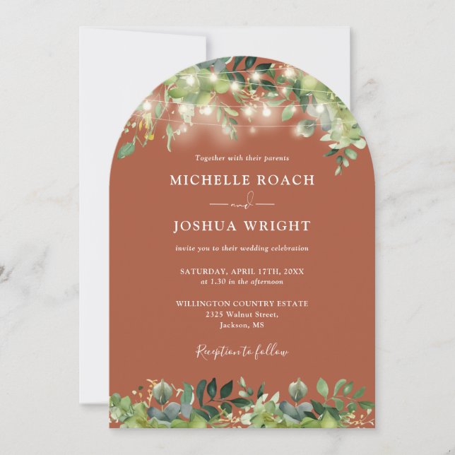 Greenery Lights Arch Terracotta QR Code Wedding Invitation (Front)