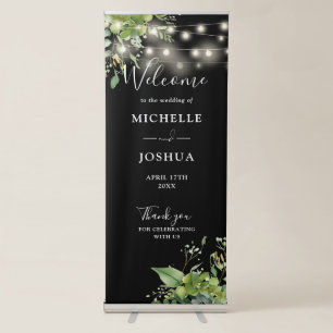 Greenery Lights Black And White Wedding Welcome Retractable Banner