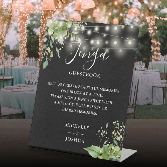 Greenery Lights Black Jenga Wedding Guestbook Pedestal Sign (Greenery Lights Black Jenga Wedding Guestbook Pedestal Sign)