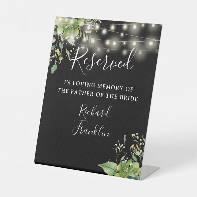 Greenery Lights Black Memory Reserved Wedding Pedestal Sign (Front)