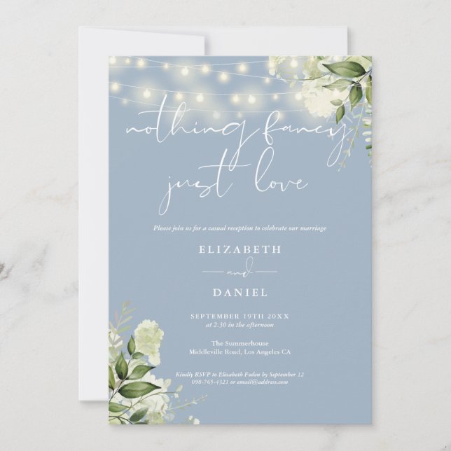 Greenery Lights Blue Elopement Wedding Reception Invitation (Front)