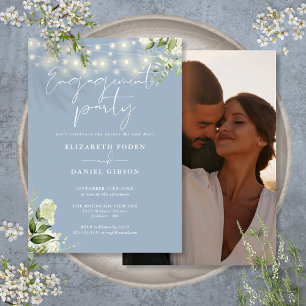 Greenery Lights Dusty Blue Photo Engagement Party Invitation