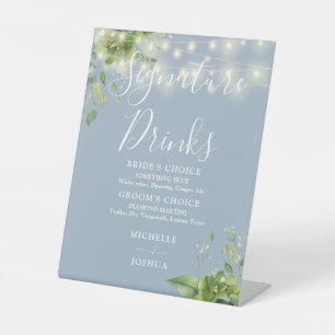 Greenery Lights Dusty Blue Signature Drinks Pedestal Sign