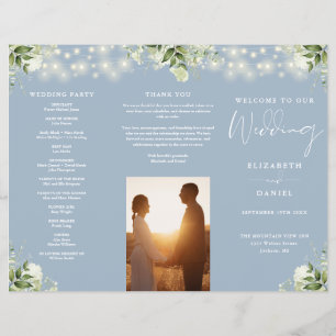 Greenery Lights Dusty Blue Trifold Wedding Program Flyer