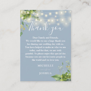 Greenery Lights Dusty Blue Wedding Thank You Place Card
