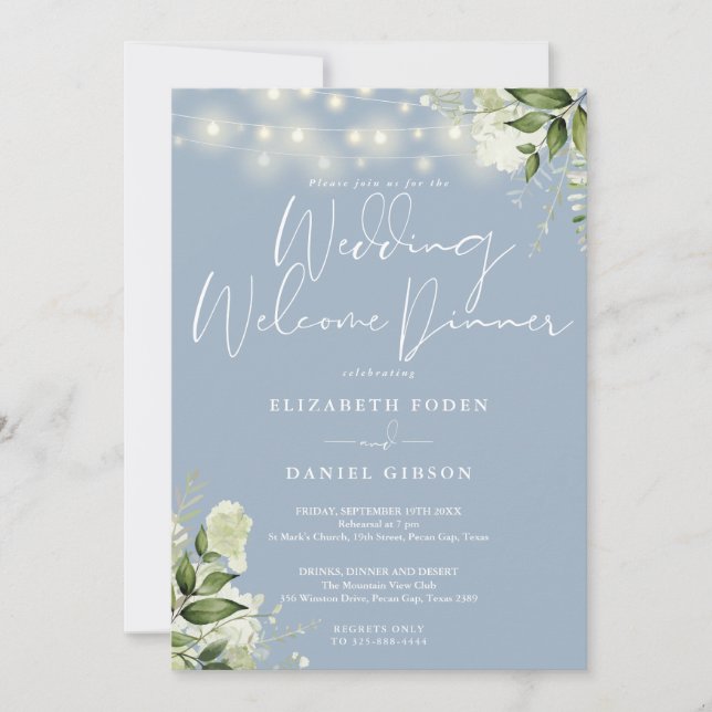 Greenery Lights Dusty Blue Wedding Welcome Dinner Invitation (Front)