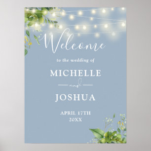 Greenery Lights Dusty Blue Wedding Welcome Sign