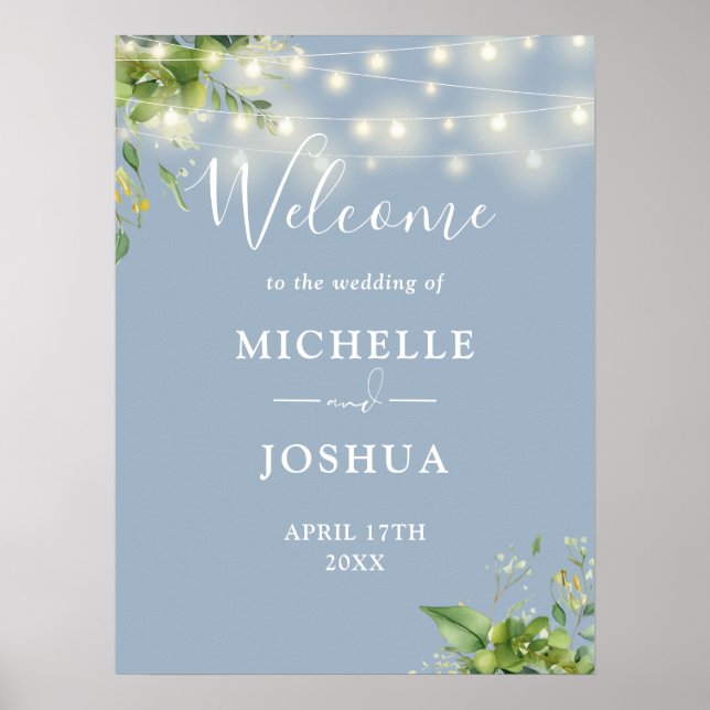 Greenery Lights Dusty Blue Wedding Welcome Sign (Front)