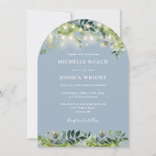 Greenery Lights Monogram Dusty Blue Wedding Invitation