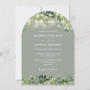 Greenery Lights Monogram Sage Green Wedding Invitation