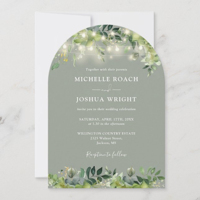 Greenery Lights Monogram Sage Green Wedding Invitation (Front)