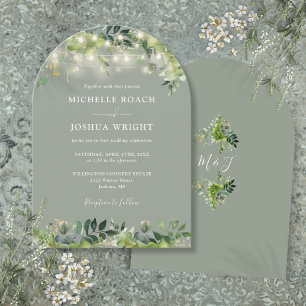 Greenery Lights Monogram Sage Green Wedding Invitation