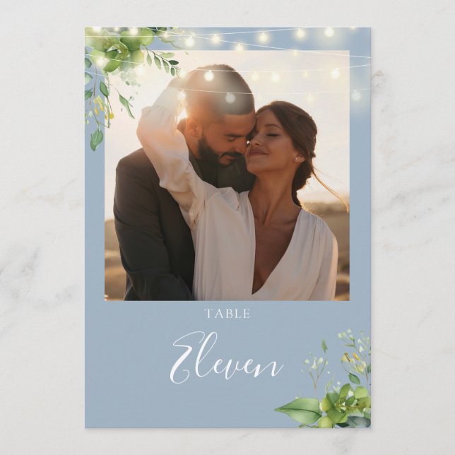 Greenery Lights Photo Dusty Blue Table Number (Front)