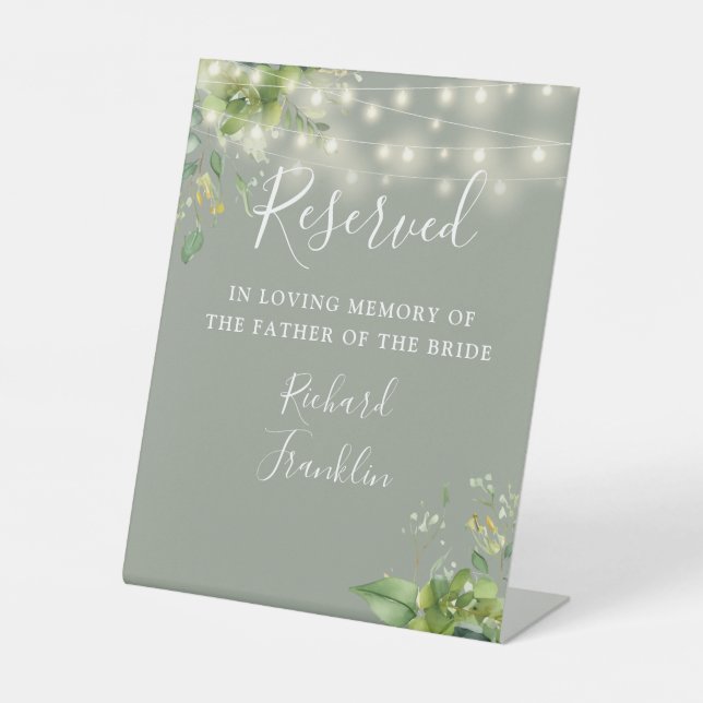 Greenery Lights Sage Green Memory Reserved Wedding Pedestal Sign (Front)