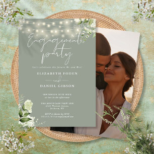 Greenery Lights Sage Green Photo Engagement Party Invitation