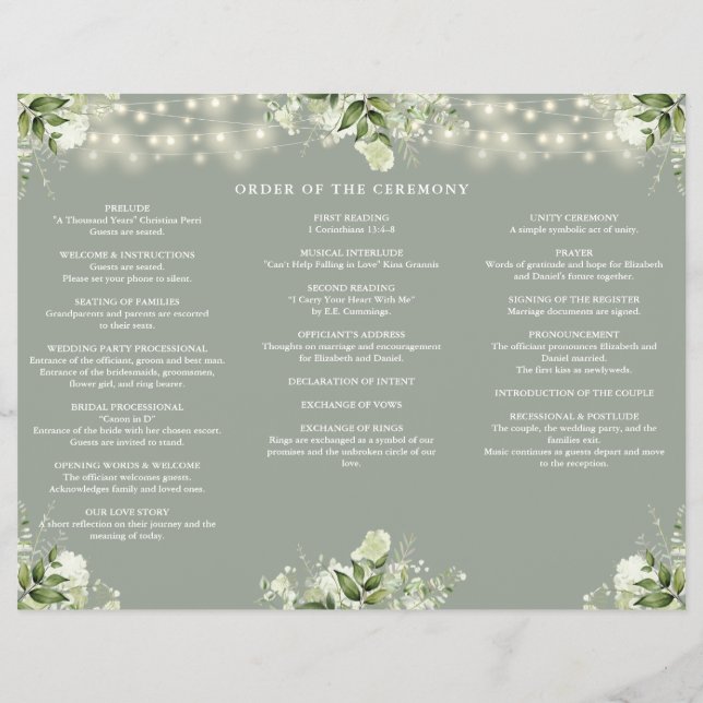 Greenery Lights Sage Green Trifold Wedding Program Flyer (Back)