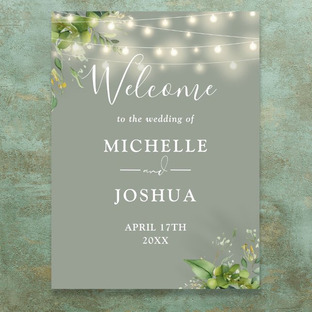 Greenery Lights Sage Green Wedding Welcome Sign (Greenery Lights Sage Green Wedding Welcome Sign)