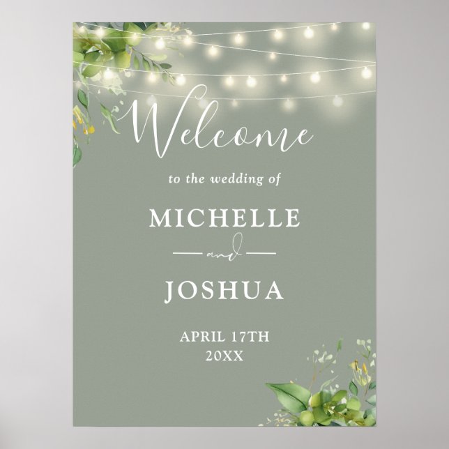 Greenery Lights Sage Green Wedding Welcome Sign (Front)