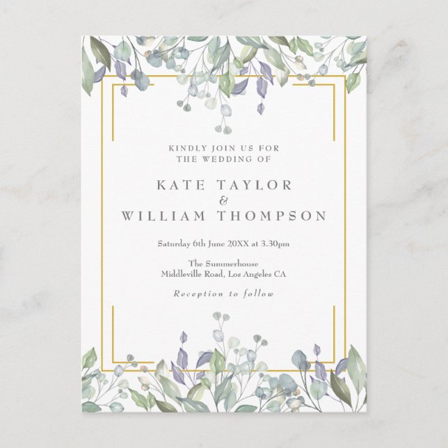 Greenery Lilac Floral Gold Geometric Wedding Invitation Postcard (Front)