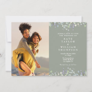 Greenery Lilac Floral Sage Green Photo Wedding Inv Invitation