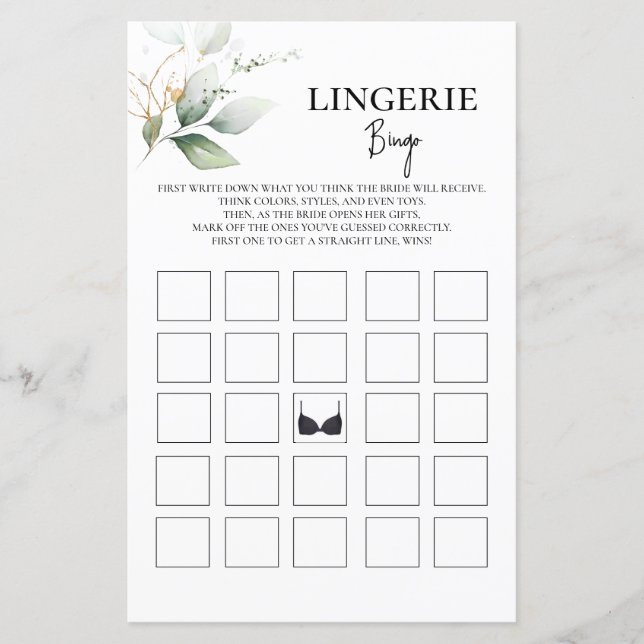 Greenery Lingerie Bingo bridal shower game (Front)