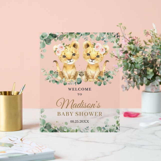 Greenery Lions Twin Girls Baby Shower Welcome Acrylic Sign (Wedding)