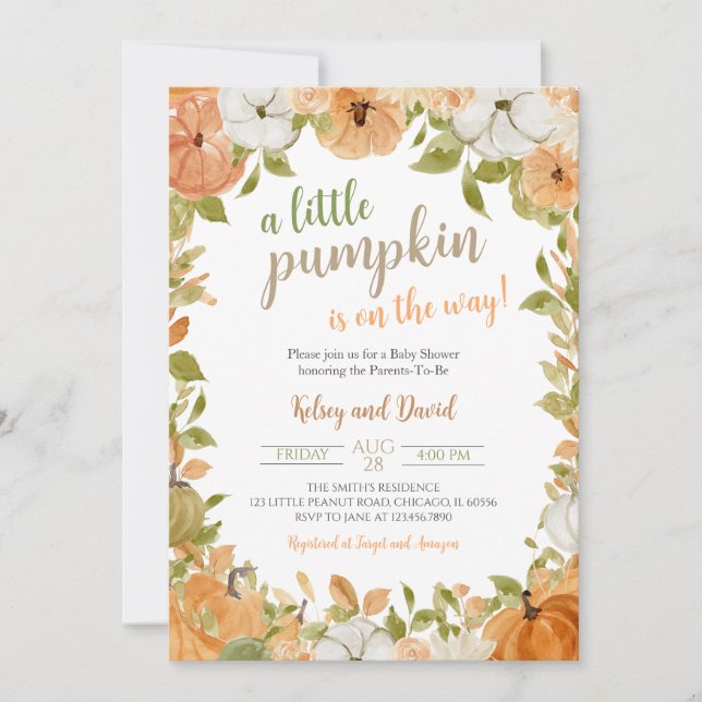 Greenery Little Pumpkin Baby Shower Invitation (Front)