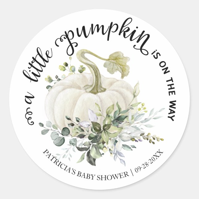 Greenery Little Pumpkin Fall Baby Shower Classic Round Sticker (Front)